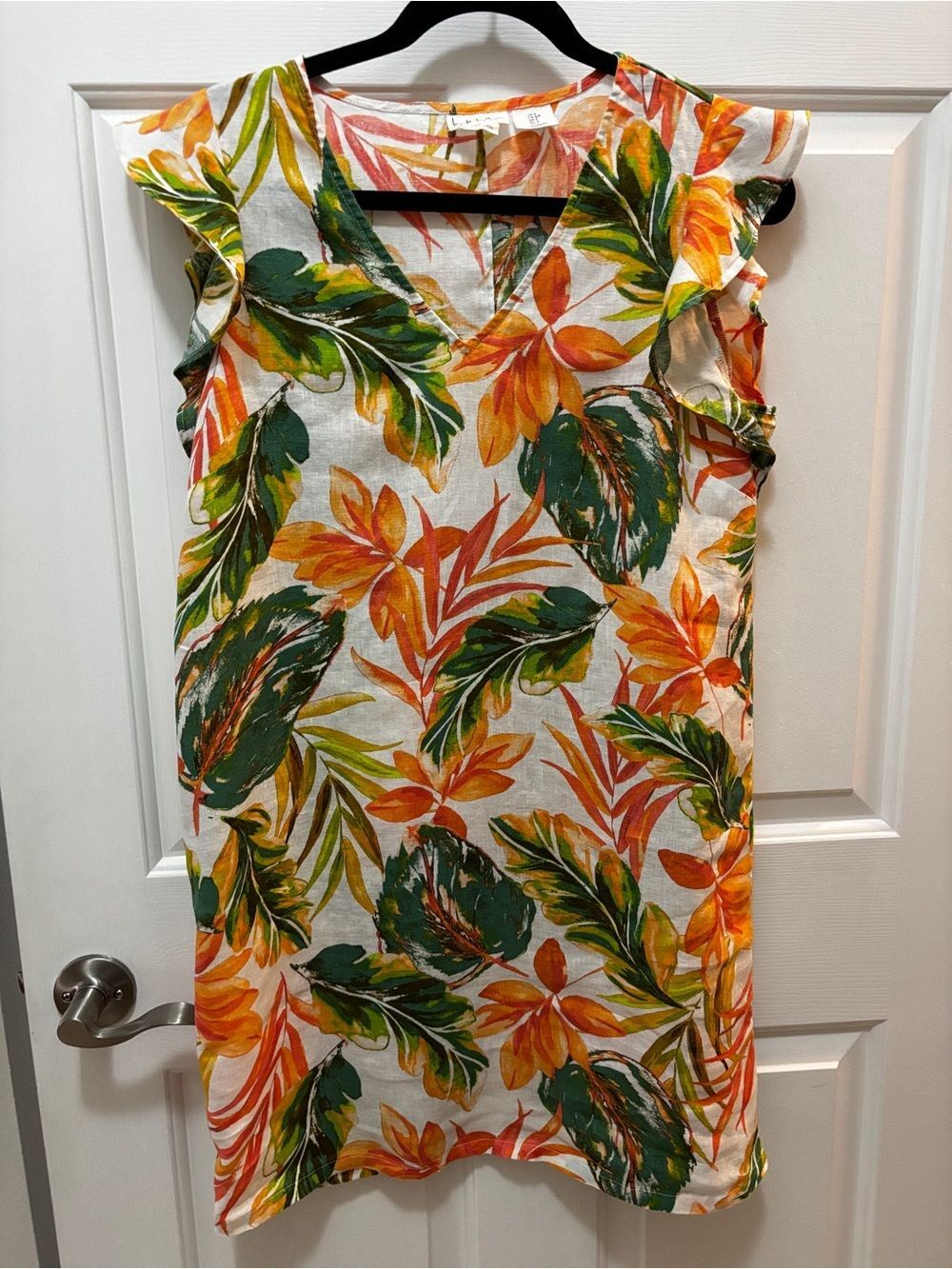 Nicole Miller Like New Linen Leaf-Print Ruffle Sleeve Dress S
